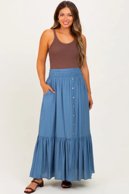 Blue Smocked Waist Button Accent Maternity Maxi Skirt sold by Pinkblush