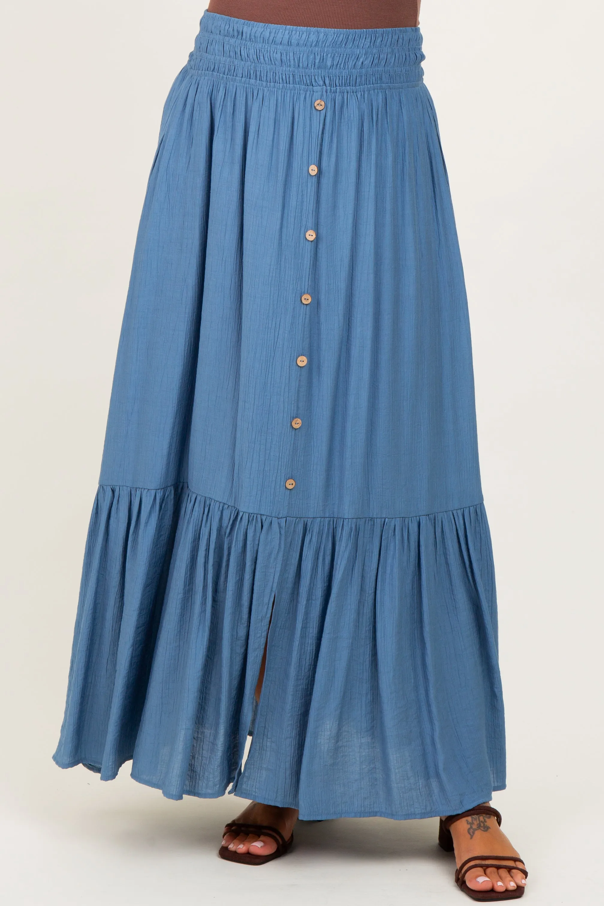 Blue Smocked Waist Button Accent Maternity Maxi Skirt sold by Pinkblush product image thumbnail 2