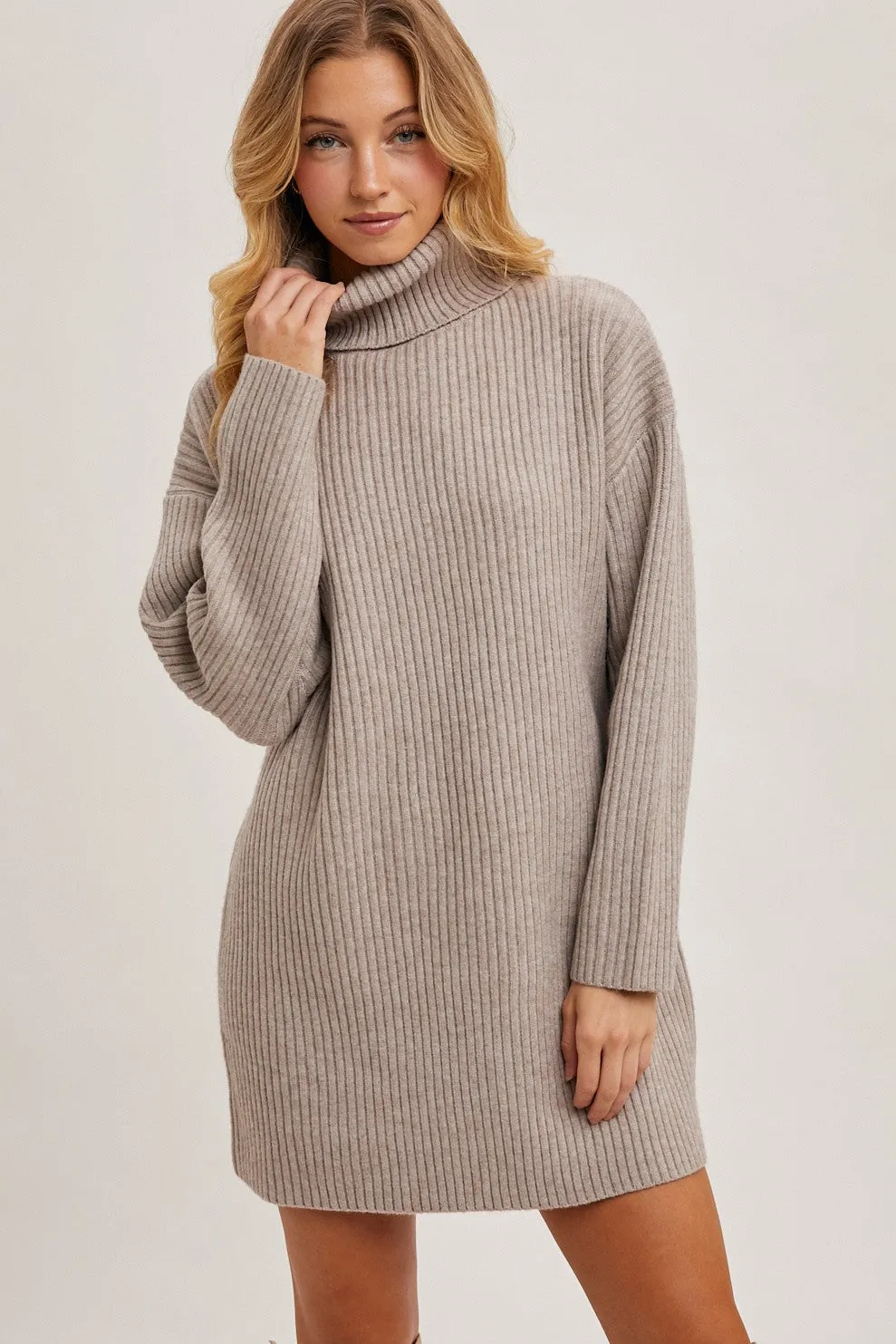 Taupe Turtleneck Chunky Knit Sweater Dress sold by Pinkblush