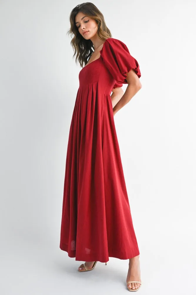 Burgundy Square Neck Puff Sleeve Maxi Dress sold by Pinkblush