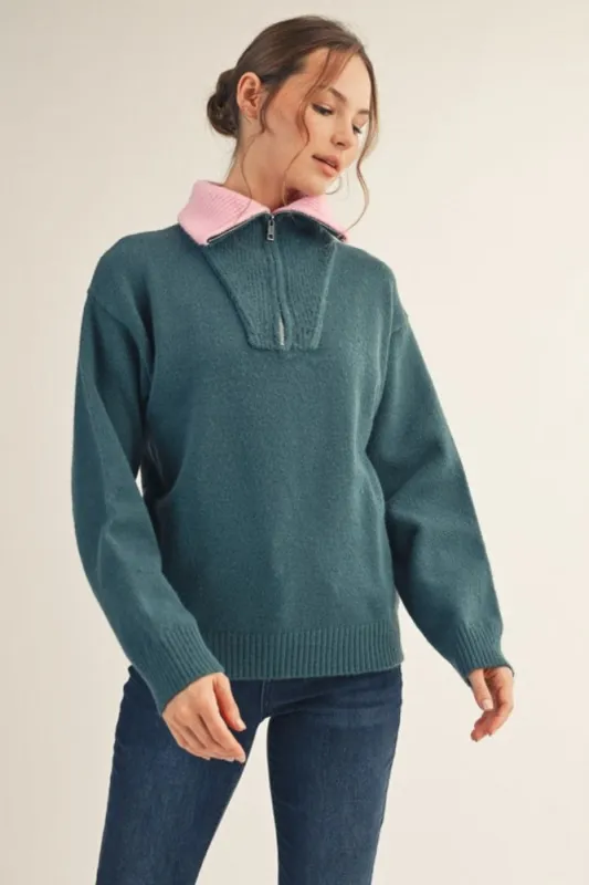 Dark Teal Contrast Collar Half Zip Sweater sold by Pinkblush