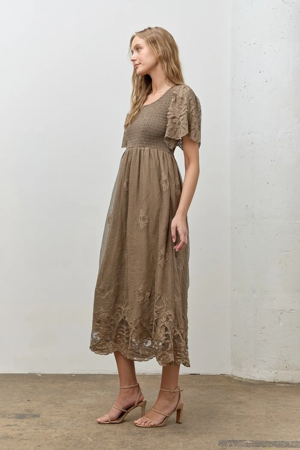 Olive Smocked Lace Detail Midi Dress sold by Pinkblush product image thumbnail 2