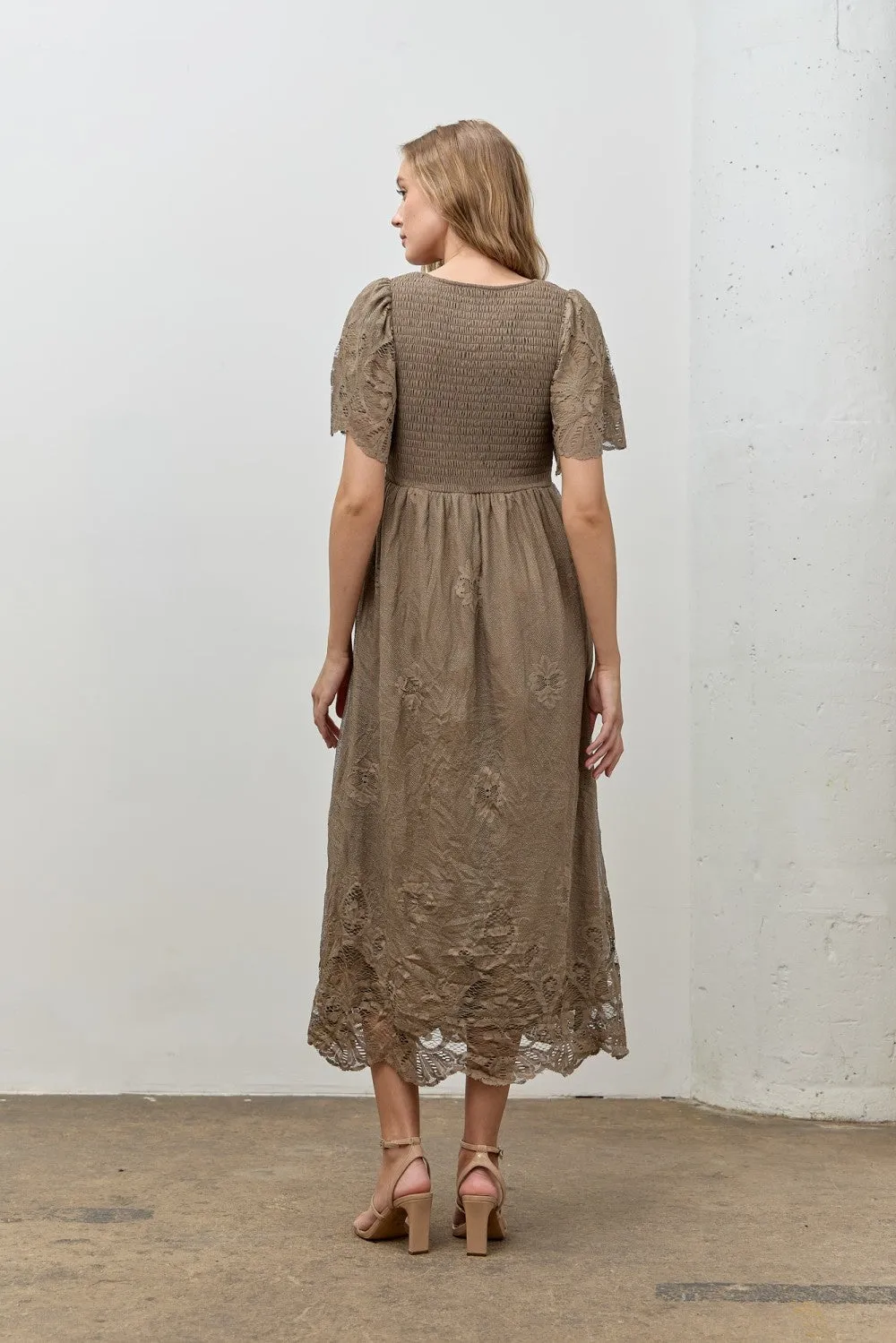 Olive Smocked Lace Detail Midi Dress sold by Pinkblush product image thumbnail 3