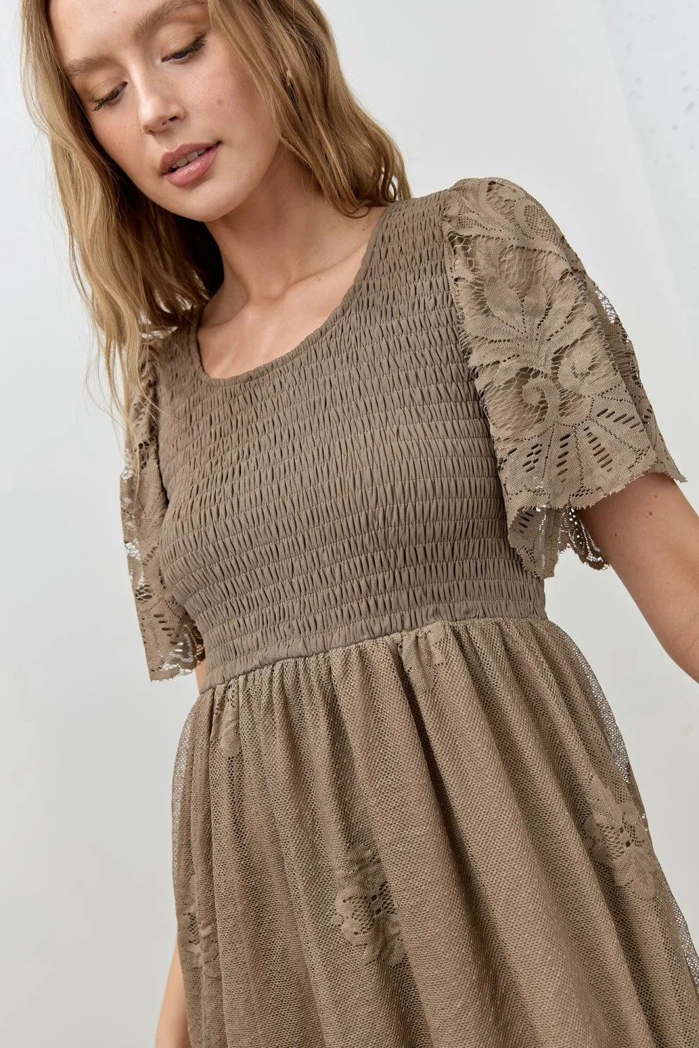 Olive Smocked Lace Detail Midi Dress sold by Pinkblush product image thumbnail 4