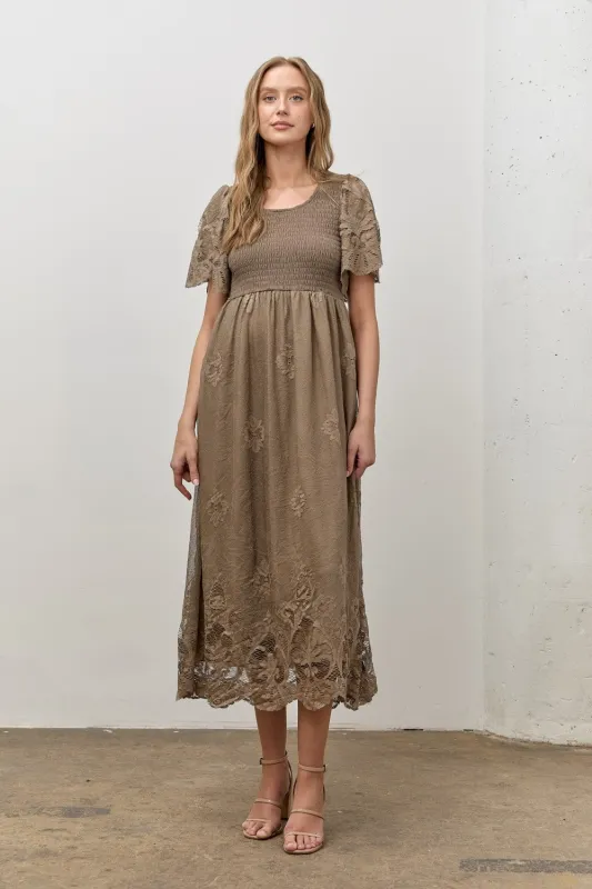 Olive Smocked Lace Detail Midi Dress sold by Pinkblush