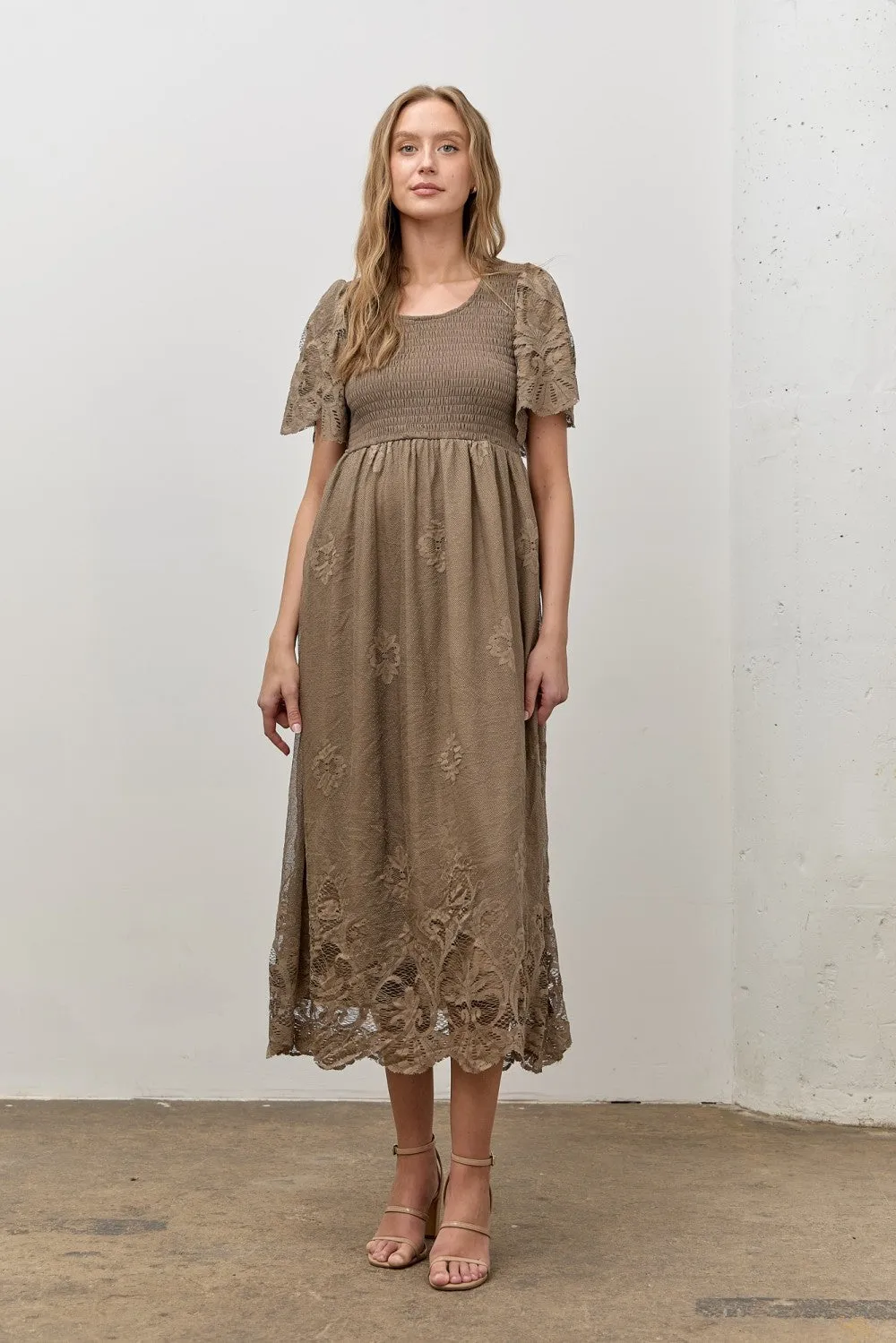 Olive Smocked Lace Detail Midi Dress sold by Pinkblush