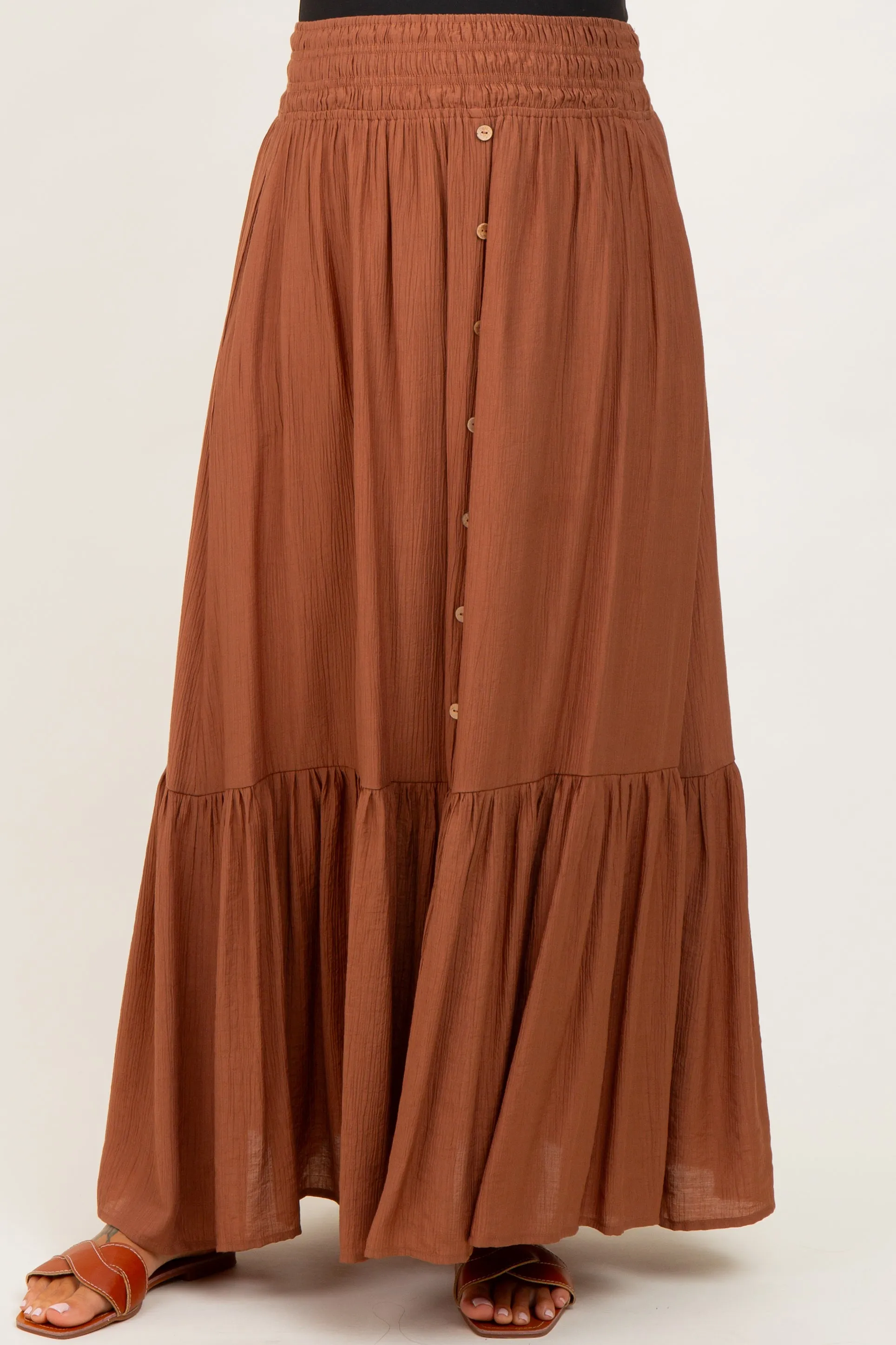 Mocha Smocked Waist Button Accent Maternity Maxi Skirt sold by Pinkblush product image thumbnail 2
