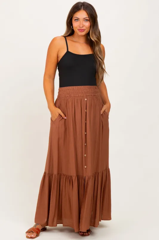 Mocha Smocked Waist Button Accent Maternity Maxi Skirt sold by Pinkblush