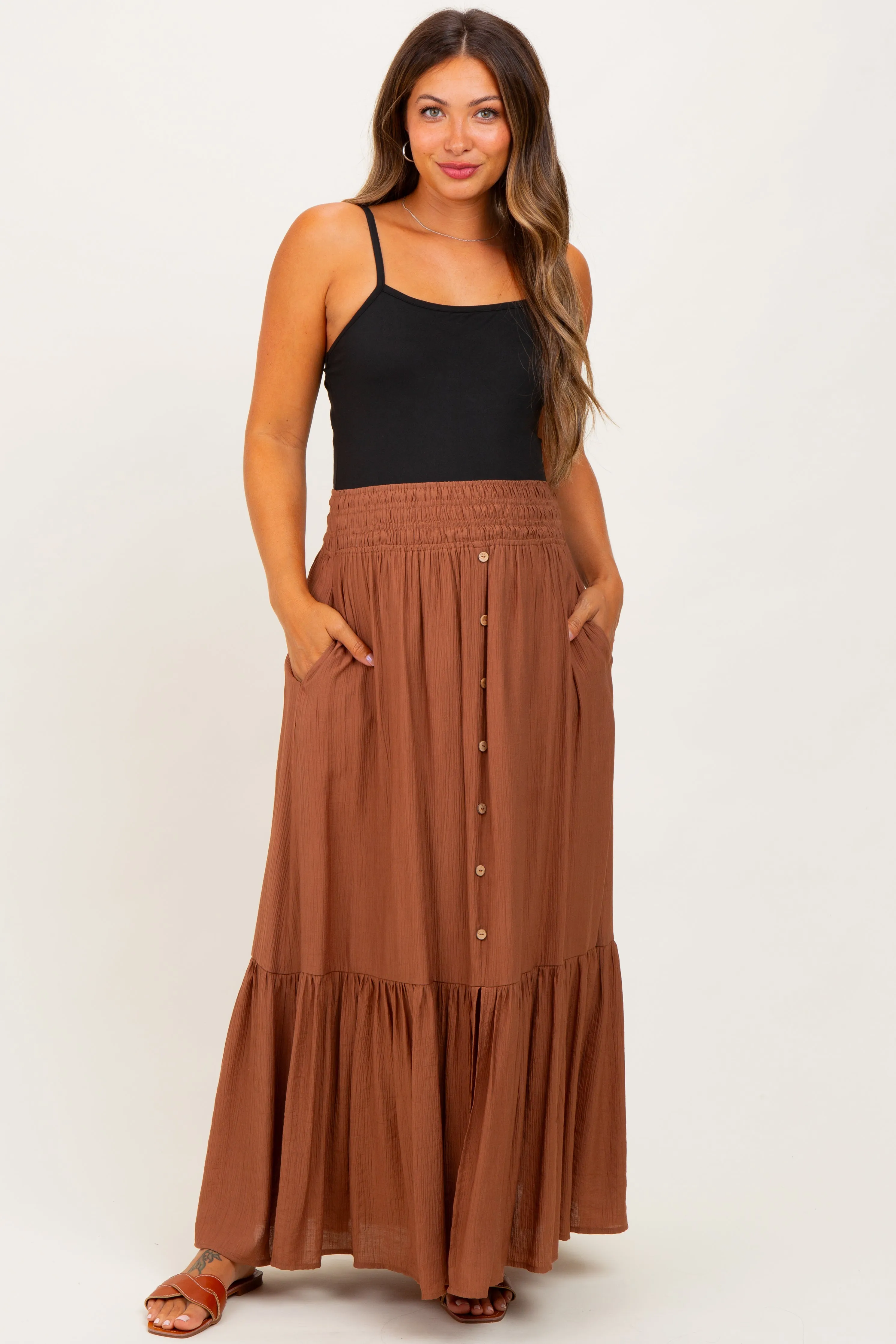 Mocha Smocked Waist Button Accent Maternity Maxi Skirt sold by Pinkblush