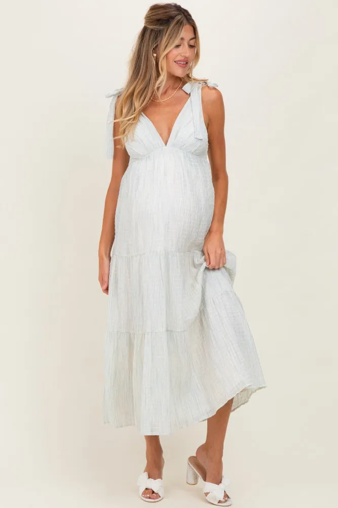 Light Blue V-Neck Shoulder Tie Maternity Midi Dress sold by Pinkblush