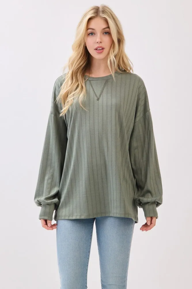 Olive Ribbed Knit Bubble Sleeve Pullover Top sold by Pinkblush product image thumbnail 2
