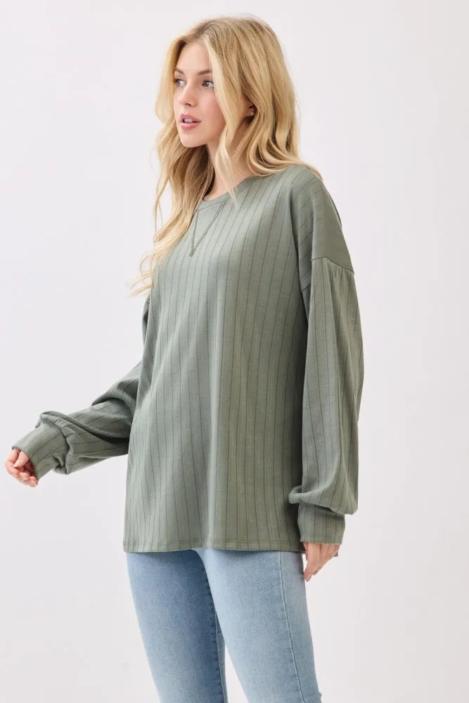 Olive Ribbed Knit Bubble Sleeve Pullover Top sold by Pinkblush product image thumbnail 3