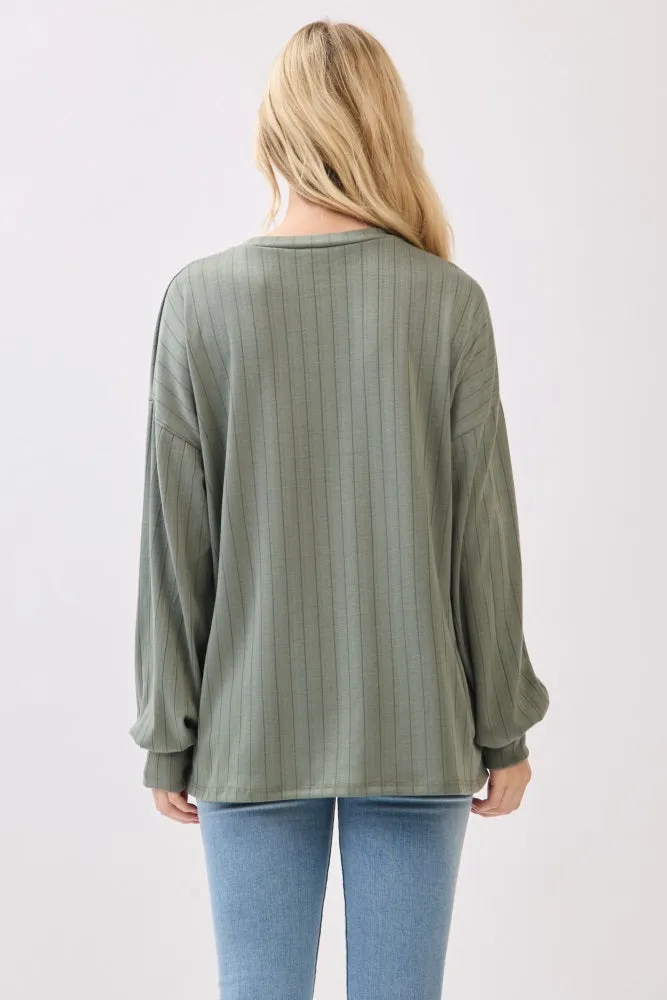 Olive Ribbed Knit Bubble Sleeve Pullover Top sold by Pinkblush product image thumbnail 4