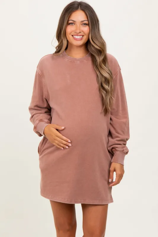 Light Taupe Mineral Wash Oversized Maternity Sweatshirt Mini Dress sold by Pinkblush