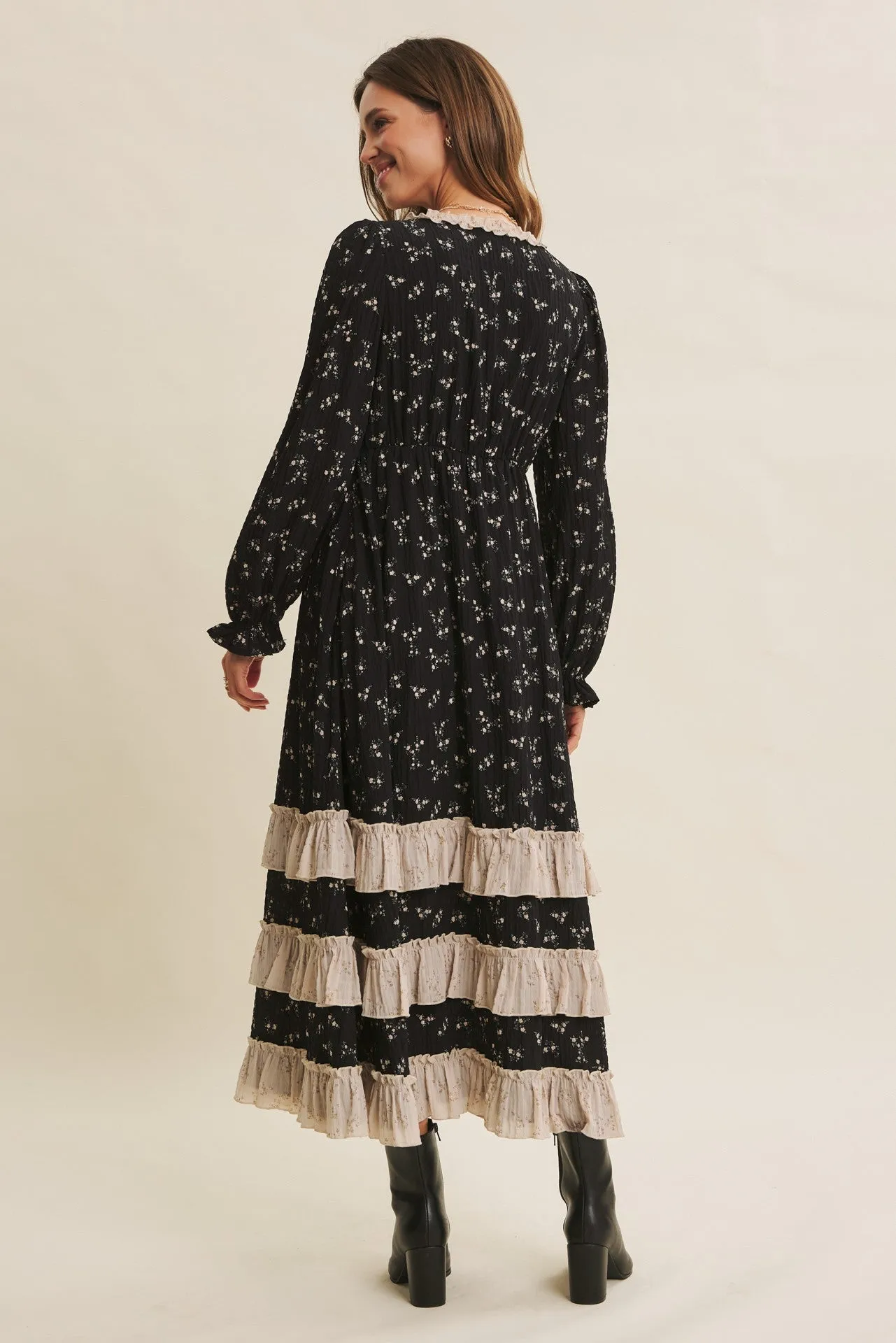 Black Floral Eyelet Lace Tiered Hem Maxi Dress sold by Pinkblush product image thumbnail 4