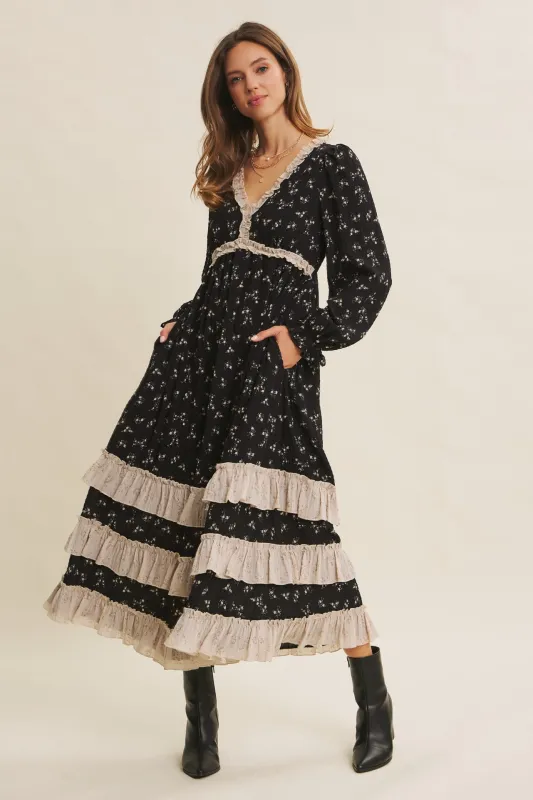 Black Floral Eyelet Lace Tiered Hem Maxi Dress sold by Pinkblush