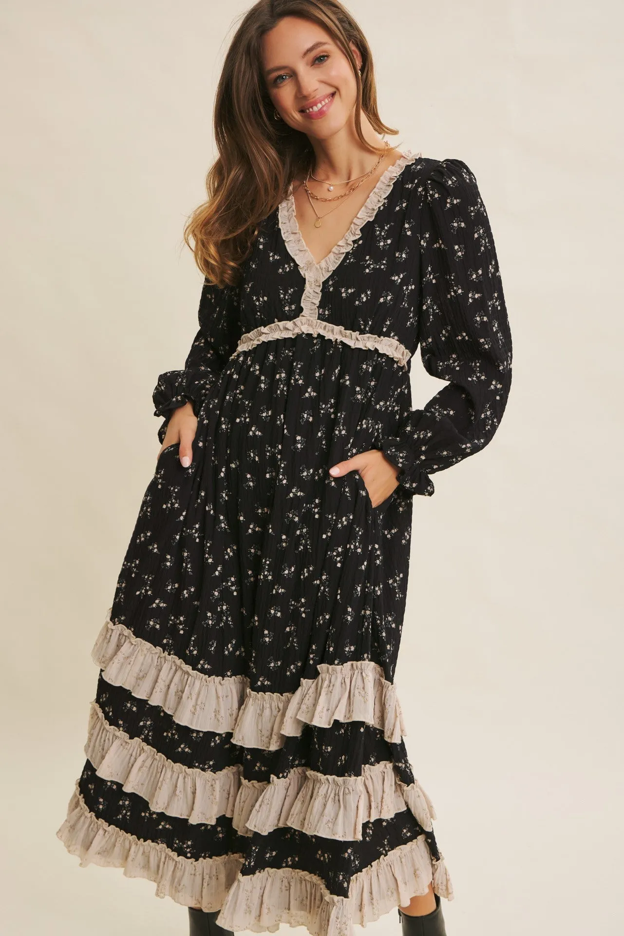 Black Floral Eyelet Lace Tiered Hem Maxi Dress sold by Pinkblush product image thumbnail 5