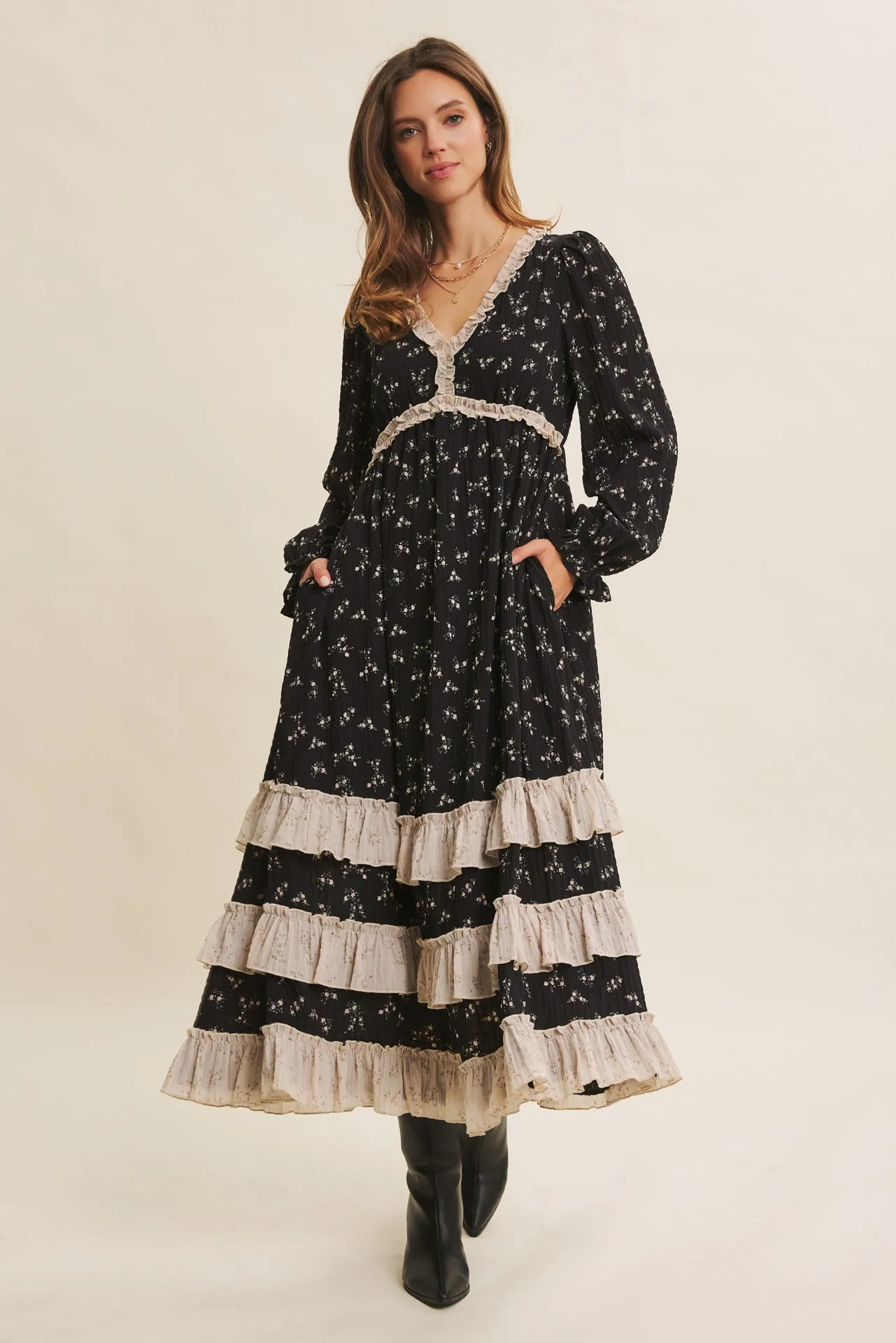 Black Floral Eyelet Lace Tiered Hem Maxi Dress sold by Pinkblush product image thumbnail 2