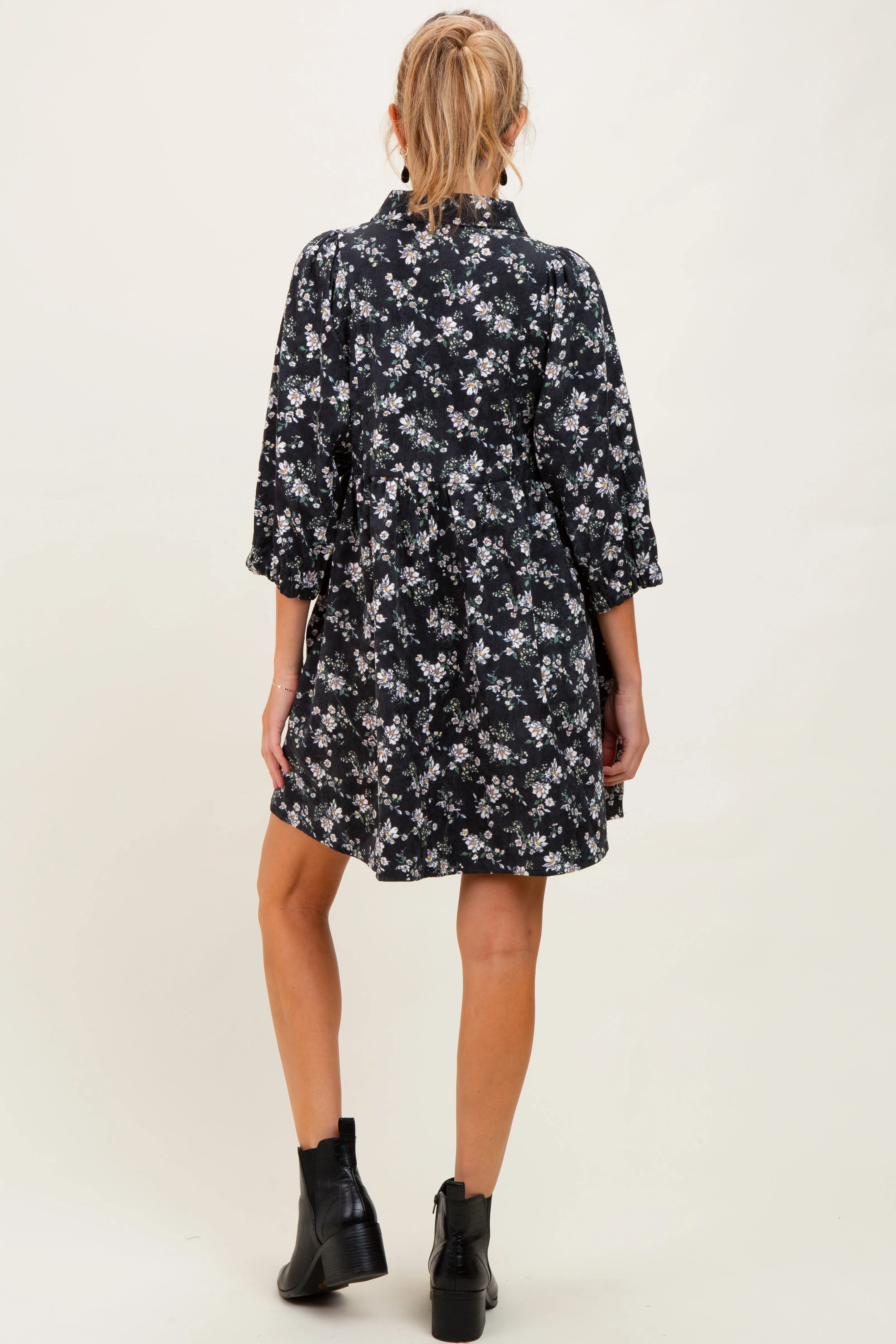 Black Floral Corduroy Button Down Maternity Shirt Dress sold by Pinkblush product image thumbnail 4