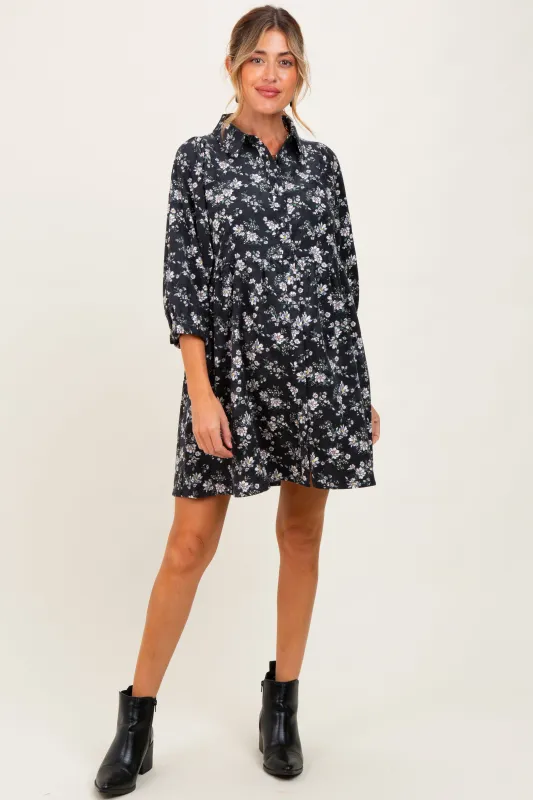 Black Floral Corduroy Button Down Maternity Shirt Dress sold by Pinkblush