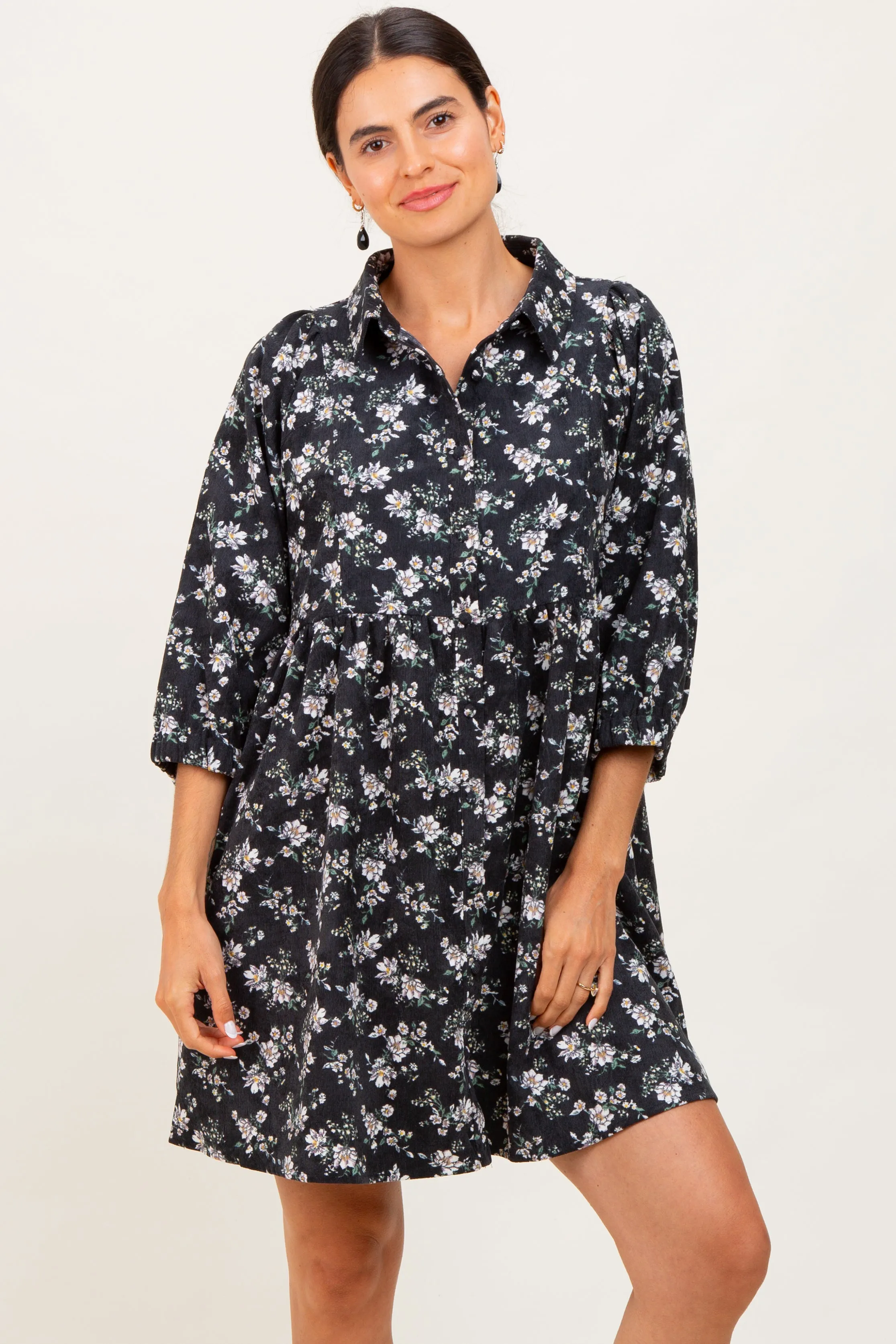 Black Floral Corduroy Button Down Maternity Shirt Dress sold by Pinkblush product image thumbnail 5