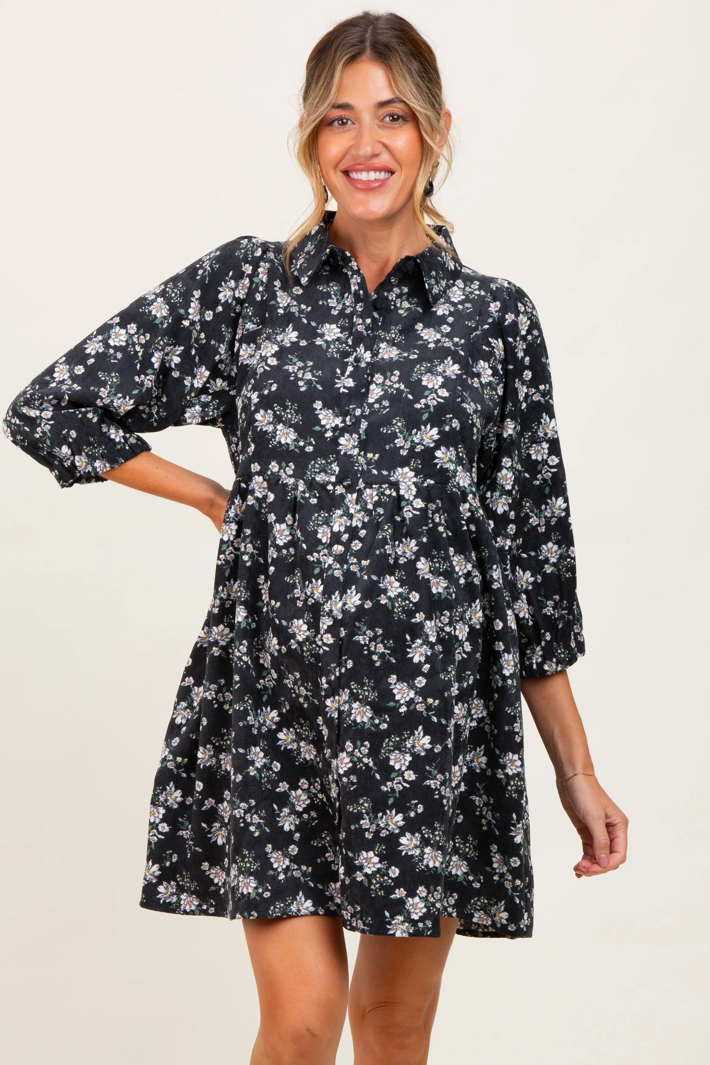 Black Floral Corduroy Button Down Maternity Shirt Dress sold by Pinkblush product image thumbnail 2