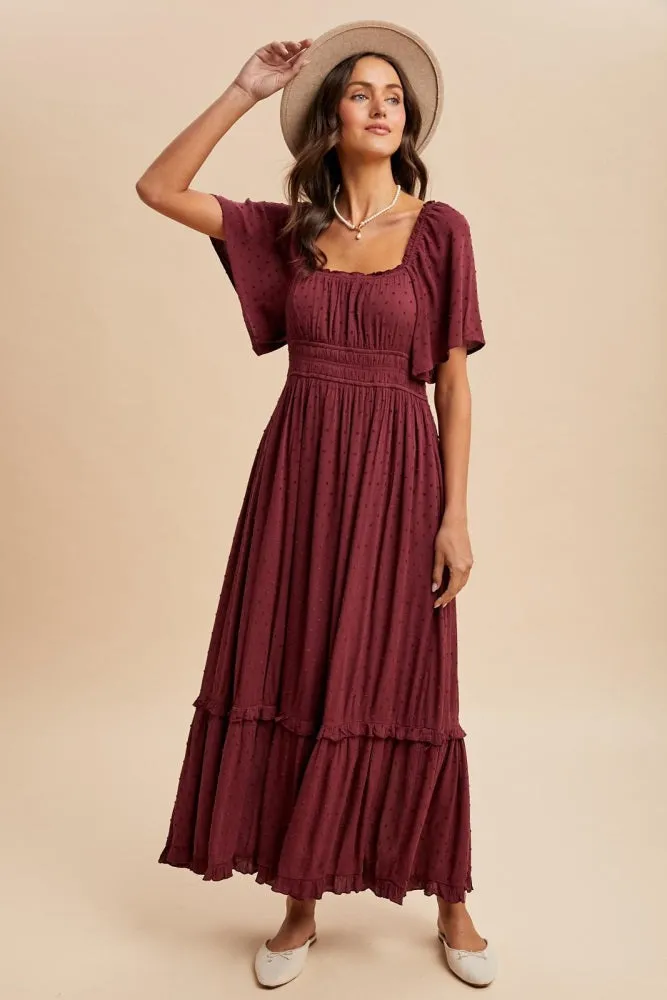 Burgundy Swiss Dot Ruffle Trim Maxi Dress sold by Pinkblush product image thumbnail 2