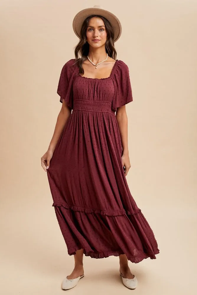 Burgundy Swiss Dot Ruffle Trim Maxi Dress sold by Pinkblush