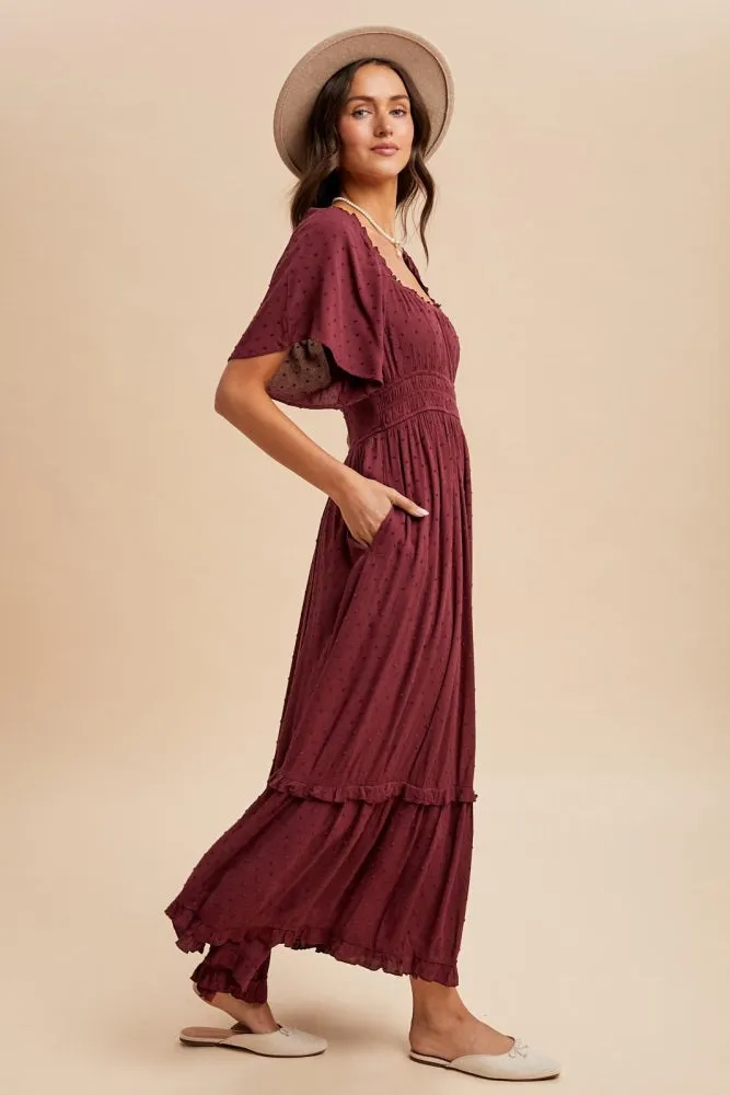 Burgundy Swiss Dot Ruffle Trim Maxi Dress sold by Pinkblush product image thumbnail 3