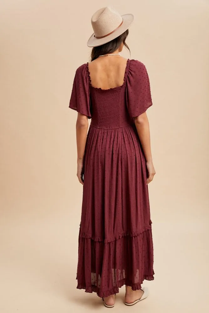 Burgundy Swiss Dot Ruffle Trim Maxi Dress sold by Pinkblush product image thumbnail 4