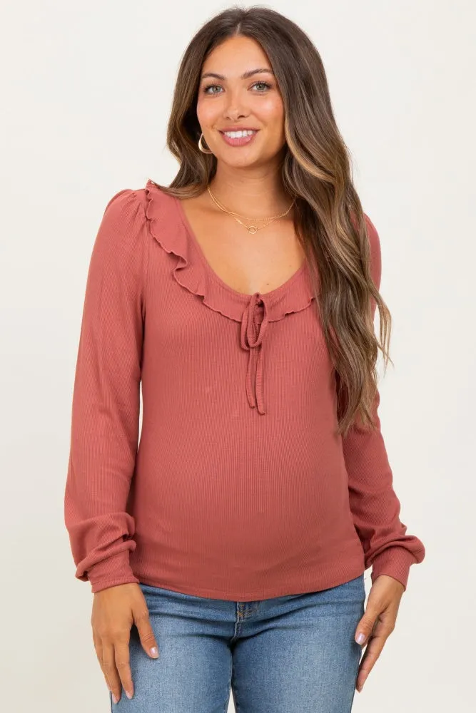 Mauve Ruffle Tie Detail Long Sleeve Maternity Top sold by Pinkblush