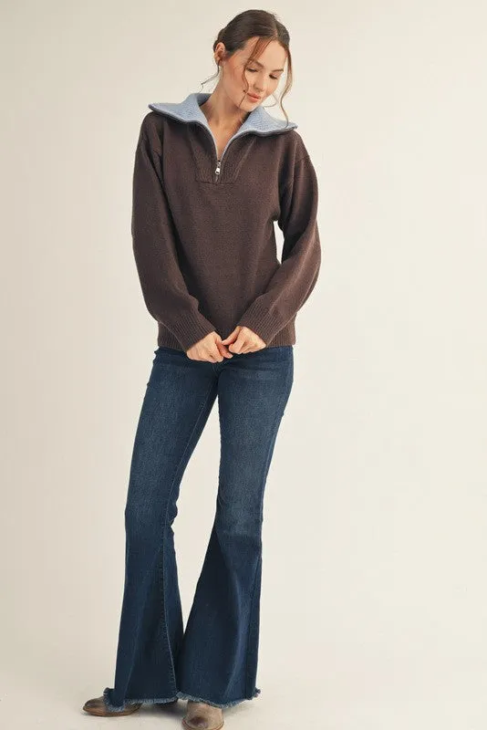 Brown Contrast Collar Half Zip Sweater sold by Pinkblush product image thumbnail 4