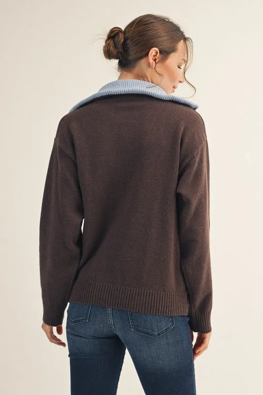 Brown Contrast Collar Half Zip Sweater sold by Pinkblush product image thumbnail 2