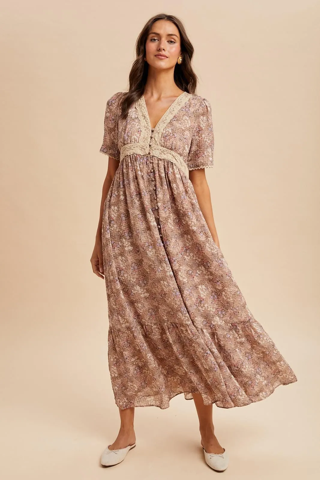 Mauve Floral Lace Detail Button Down Maxi Dress sold by Pinkblush product image thumbnail 3
