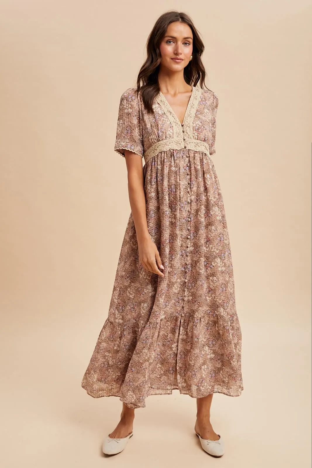 Mauve Floral Lace Detail Button Down Maxi Dress sold by Pinkblush