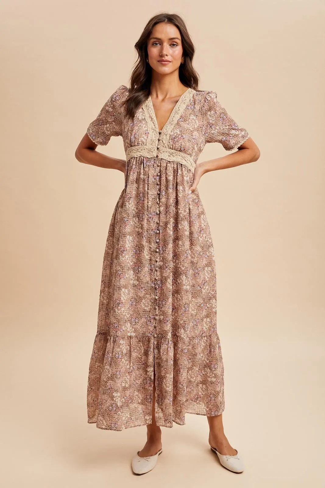 Mauve Floral Lace Detail Button Down Maxi Dress sold by Pinkblush product image thumbnail 2