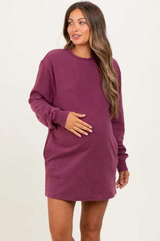 Burgundy Mineral Wash Oversized Maternity Sweatshirt Mini Dress sold by Pinkblush