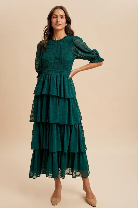 Forest Green Smocked Swiss Dot Tiered Maxi Dress sold by Pinkblush
