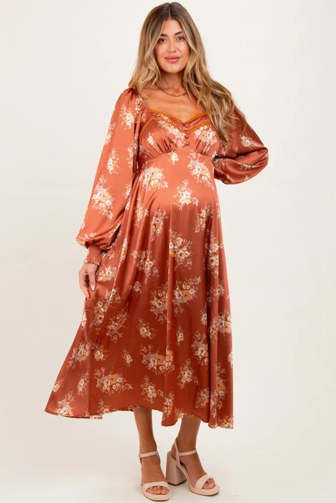 Rust Satin Floral Bubble Sleeve Maternity Midi Dress sold by Pinkblush product image thumbnail 2