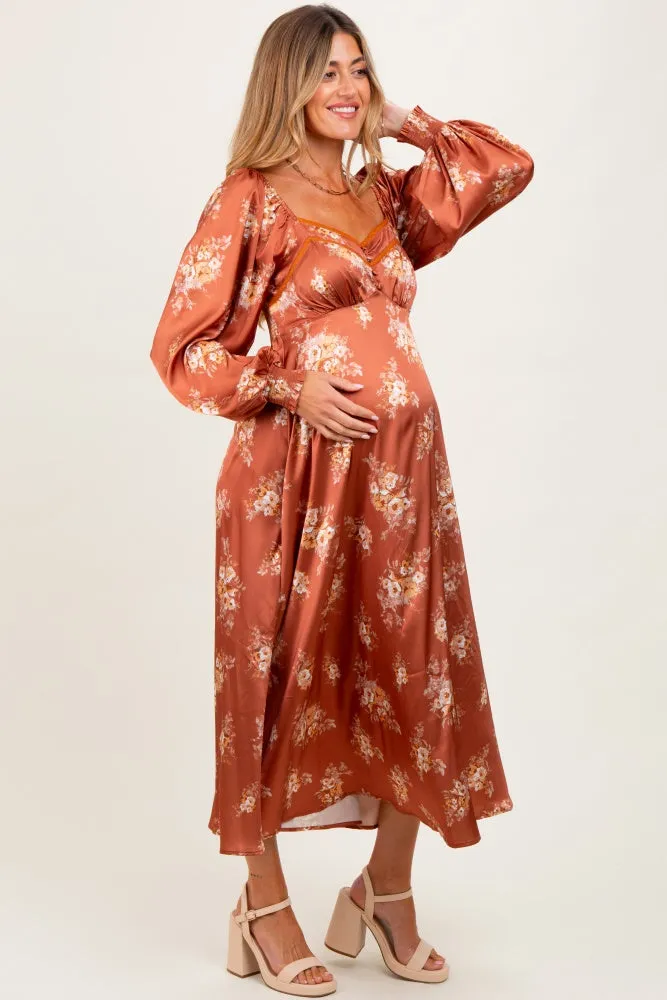 Rust Satin Floral Bubble Sleeve Maternity Midi Dress sold by Pinkblush product image thumbnail 3