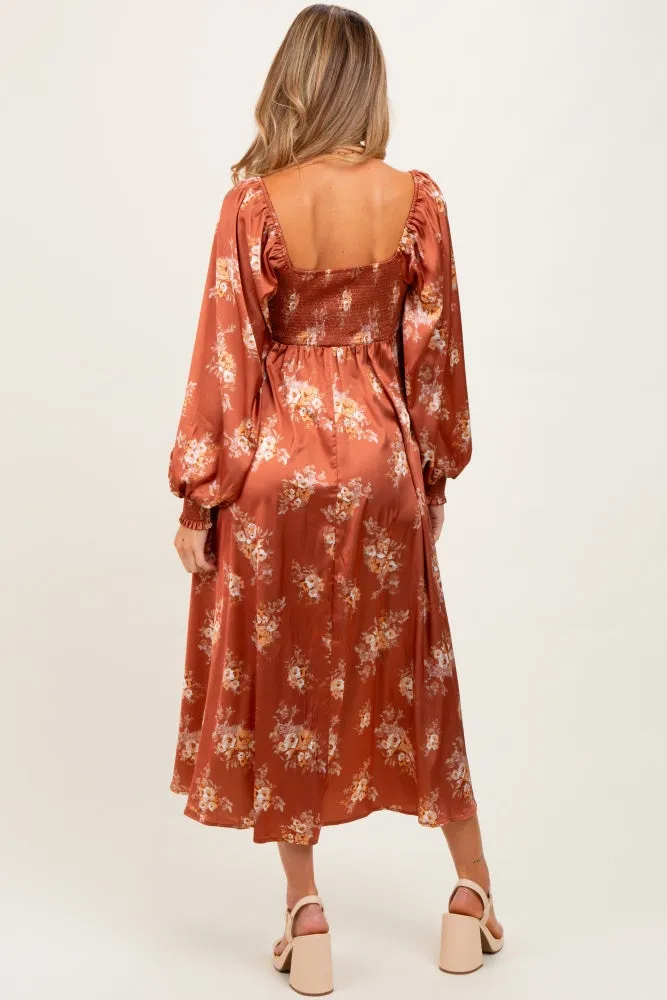 Rust Satin Floral Bubble Sleeve Maternity Midi Dress sold by Pinkblush product image thumbnail 4