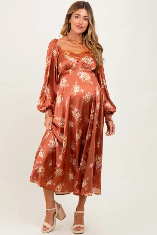 Rust Satin Floral Bubble Sleeve Maternity Midi Dress sold by Pinkblush