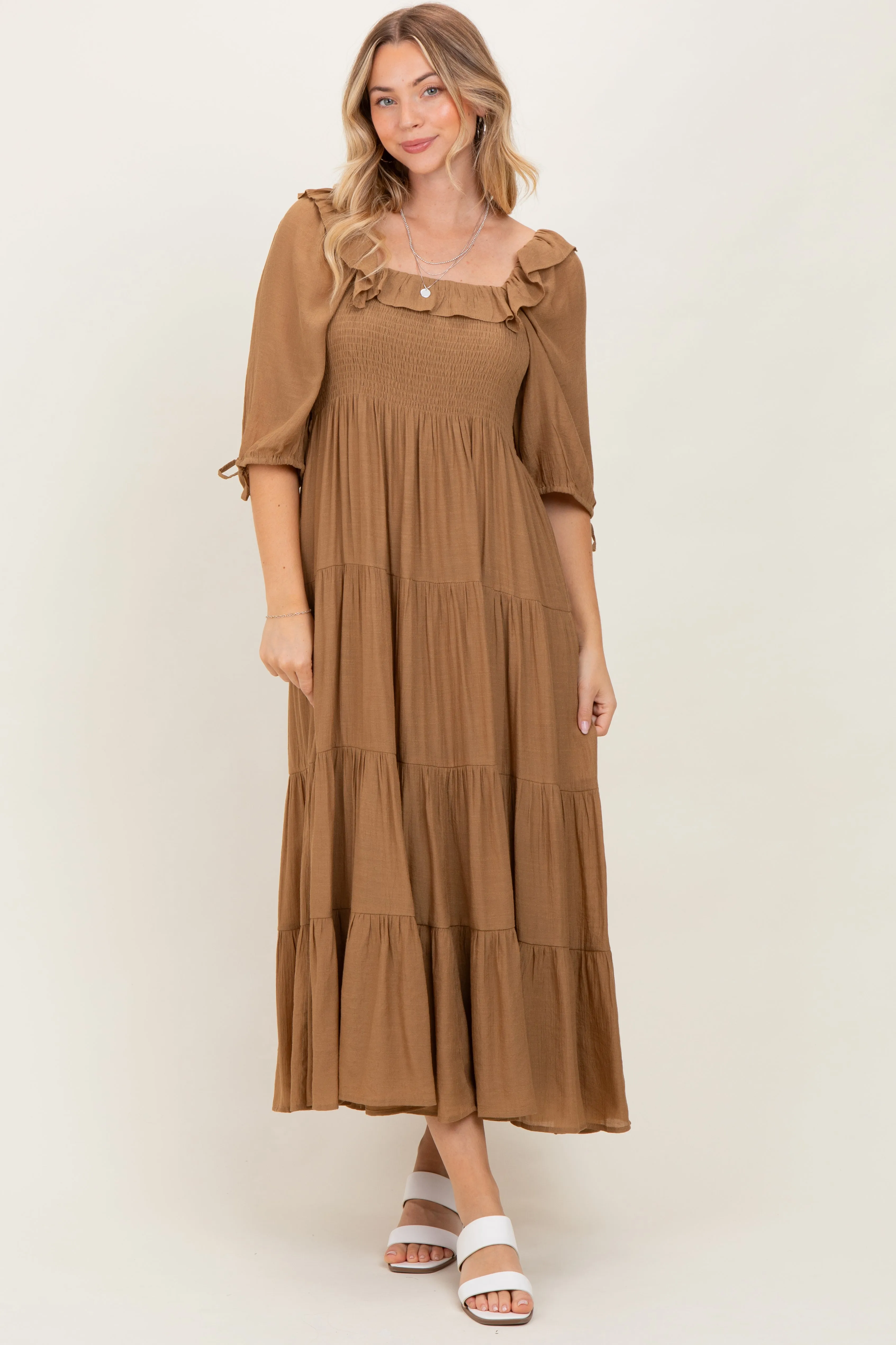 Mocha Smocked Ruffle Detail Tiered Midi Dress sold by Pinkblush product image thumbnail 2