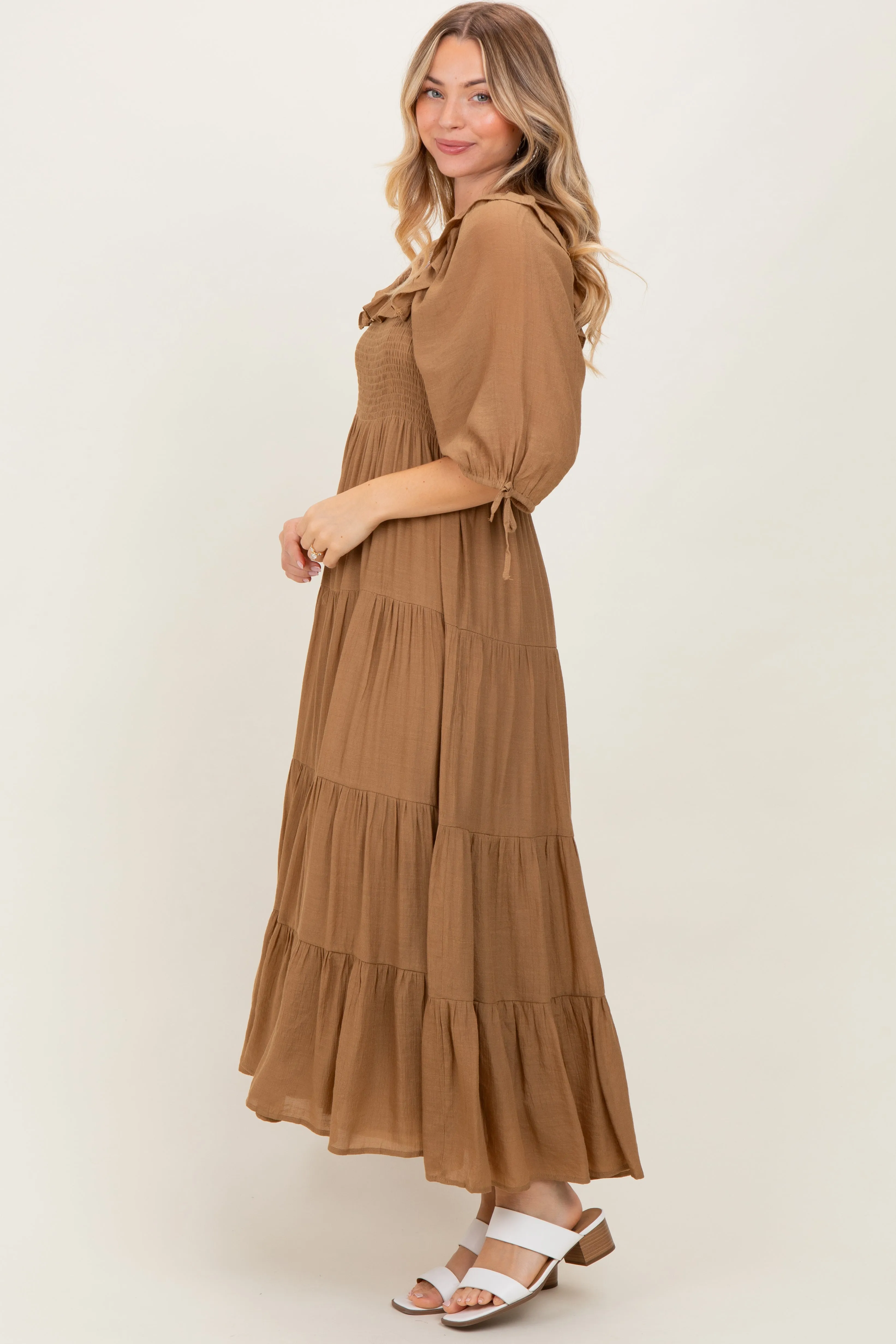 Mocha Smocked Ruffle Detail Tiered Midi Dress sold by Pinkblush product image thumbnail 3