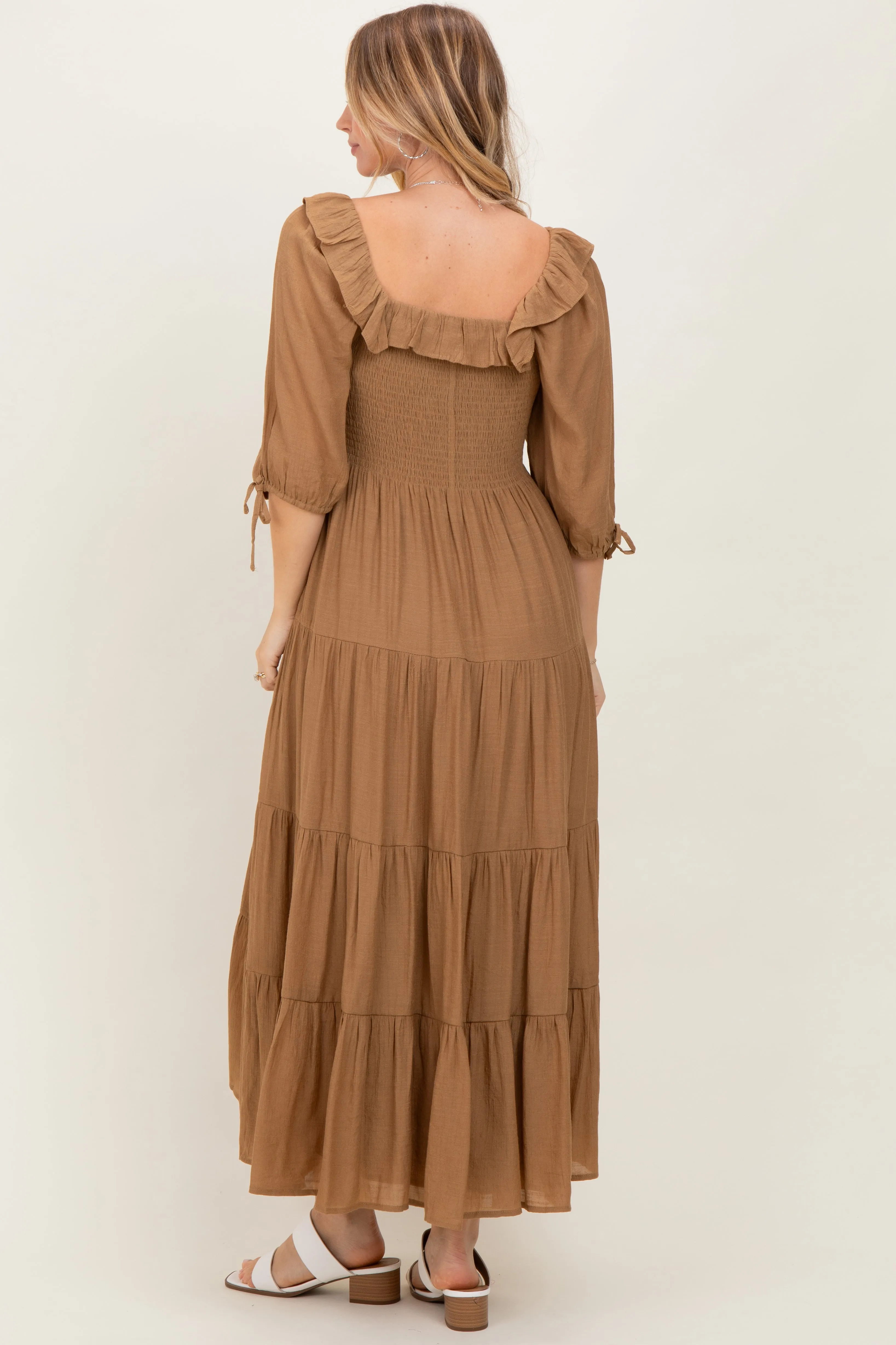 Mocha Smocked Ruffle Detail Tiered Midi Dress sold by Pinkblush product image thumbnail 4