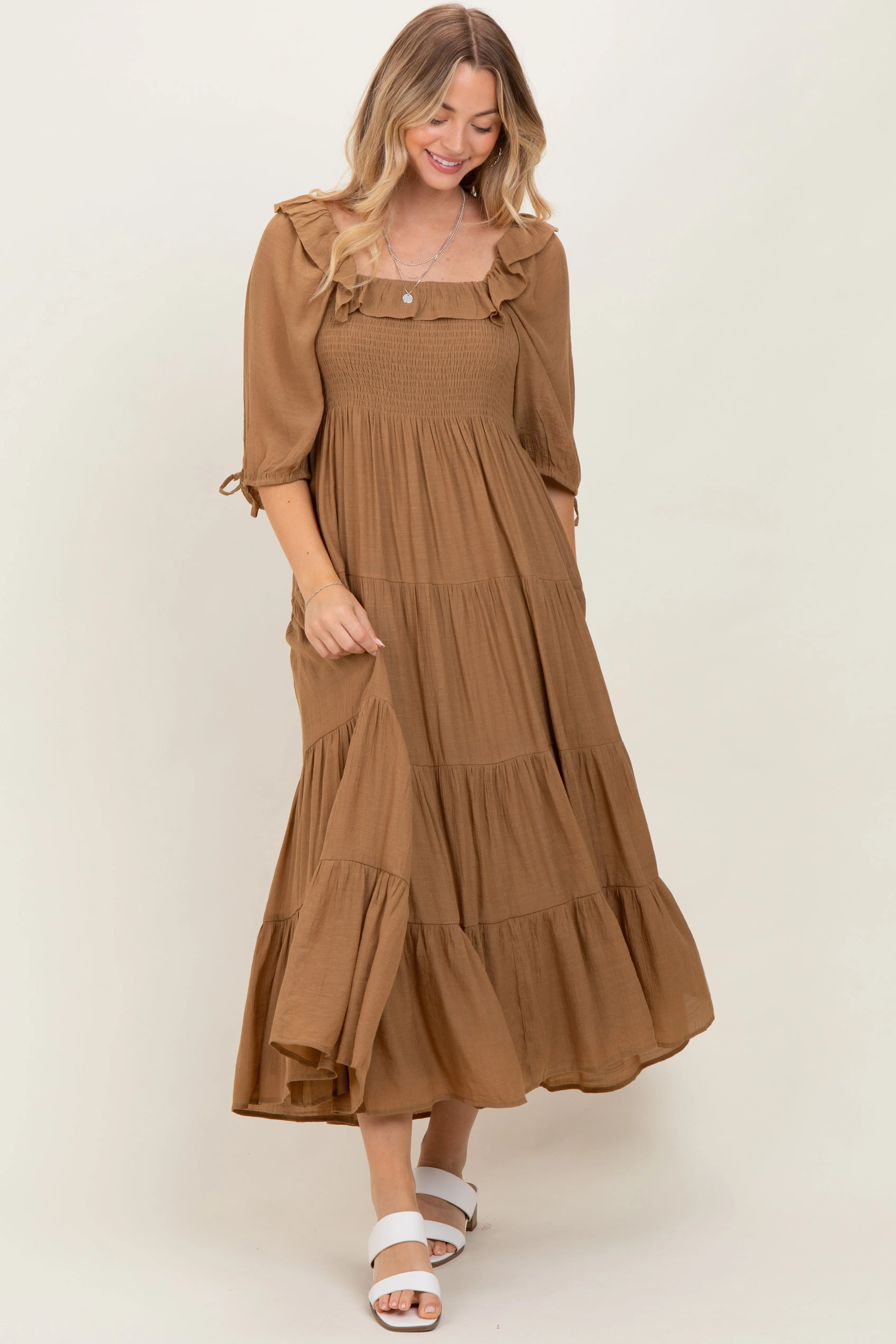 Mocha Smocked Ruffle Detail Tiered Midi Dress sold by Pinkblush