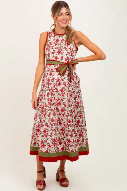 Cream Floral Contrast Trim Sleeveless Maternity Midi Dress sold by Pinkblush