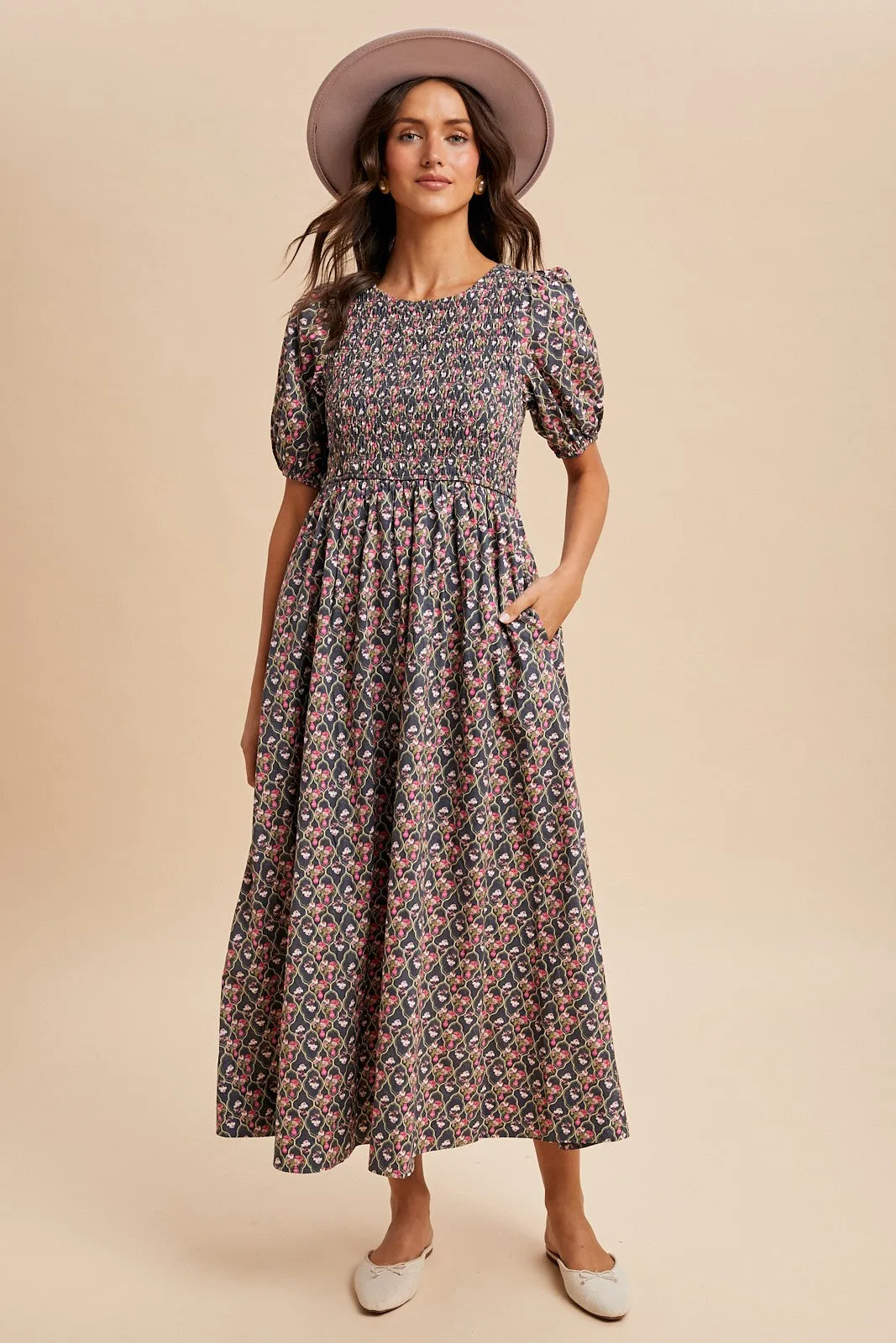 Grey Floral Smocked Puff Sleeve Maxi Dress sold by Pinkblush