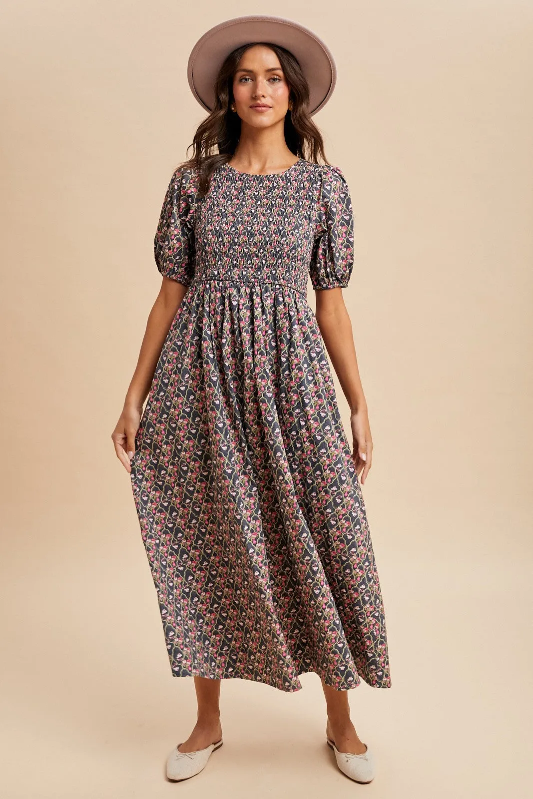 Grey Floral Smocked Puff Sleeve Maxi Dress sold by Pinkblush product image thumbnail 2
