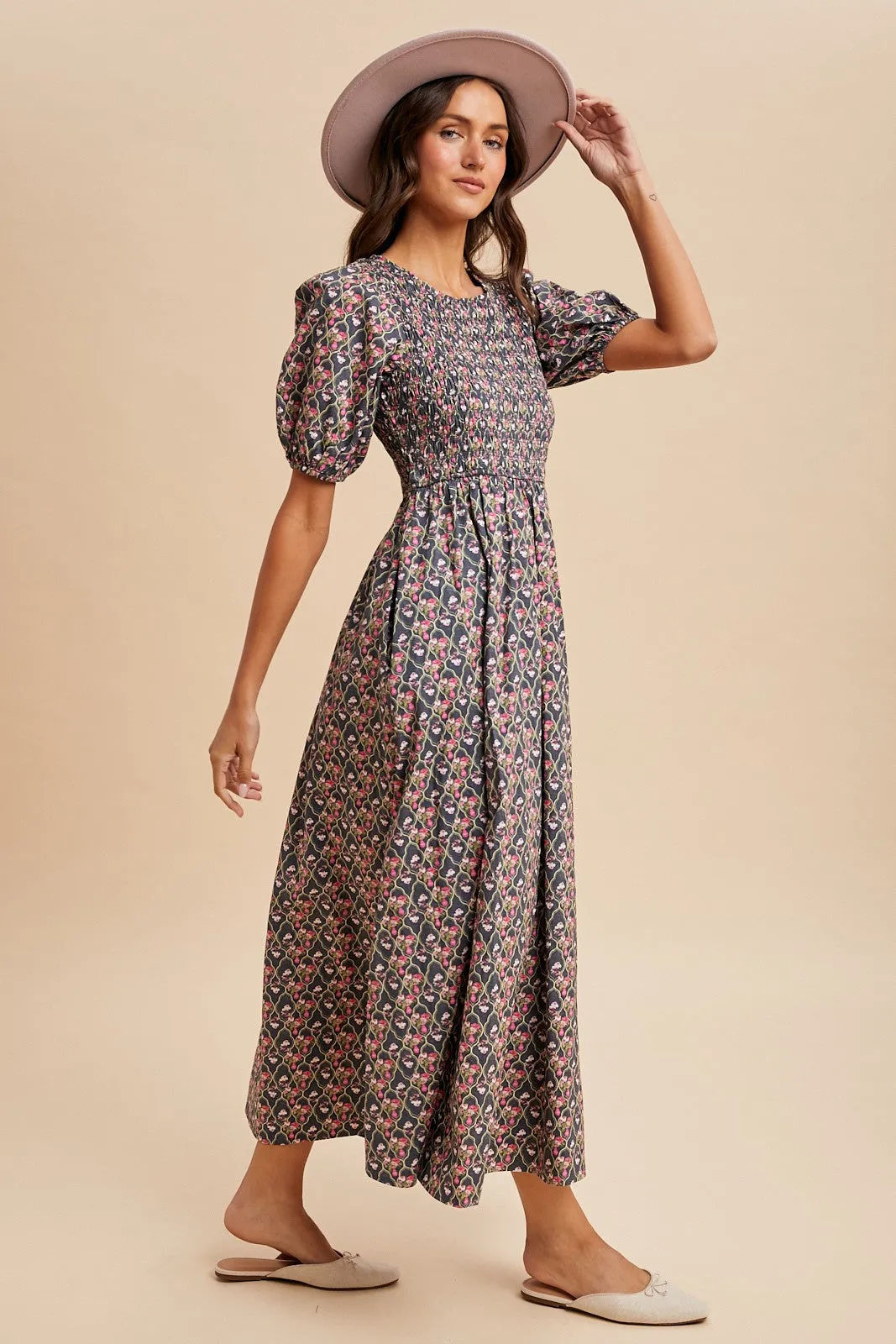 Grey Floral Smocked Puff Sleeve Maxi Dress sold by Pinkblush product image thumbnail 3